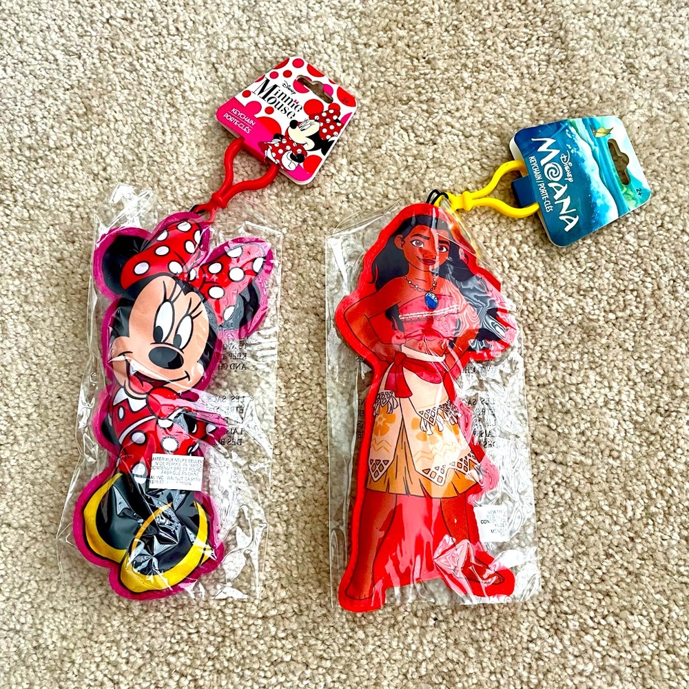 Disney Minnie Mouse and Moana keychain set of 2 soft fabric with plastic clip